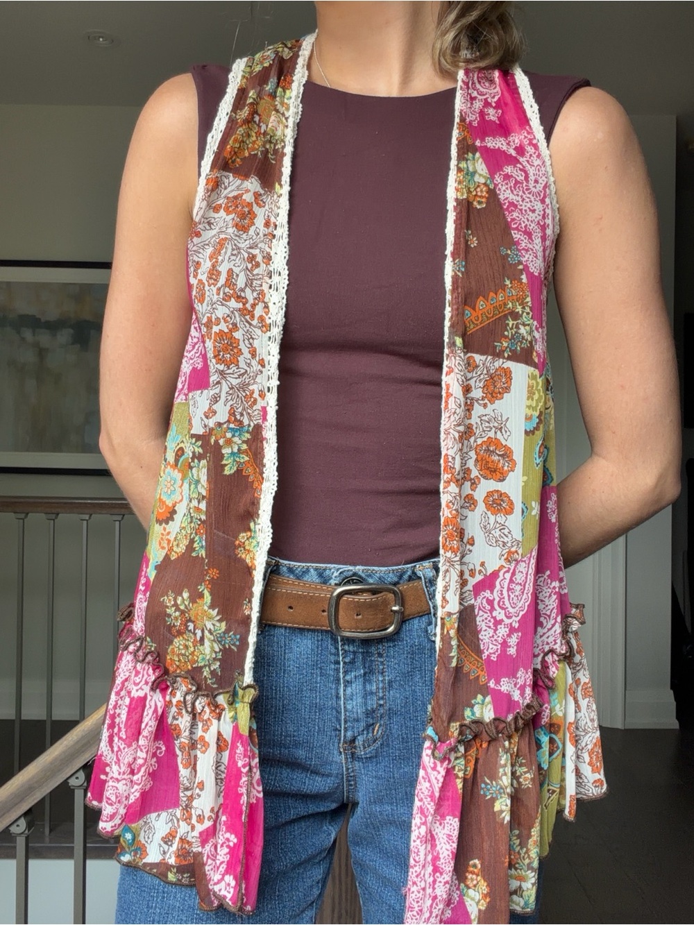 Boho Floral Patchwork Vest in Pink & Brown
